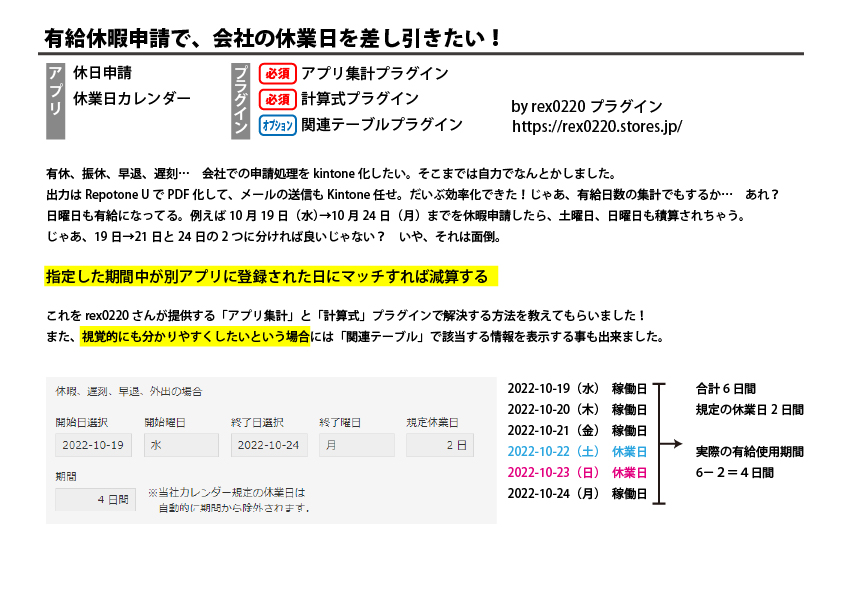 有給休暇申請で、会社の休業日を差し引きたい！